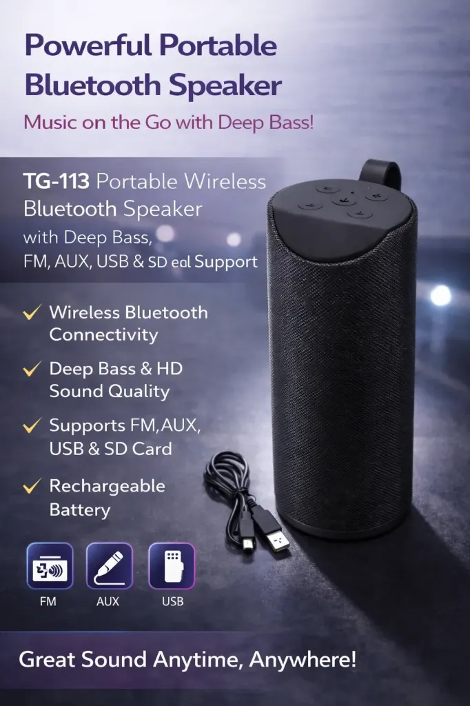 TG-113 Portable Wireless Bluetooth Speaker with Deep Bass, FM, AUX, USB & SD Card Support