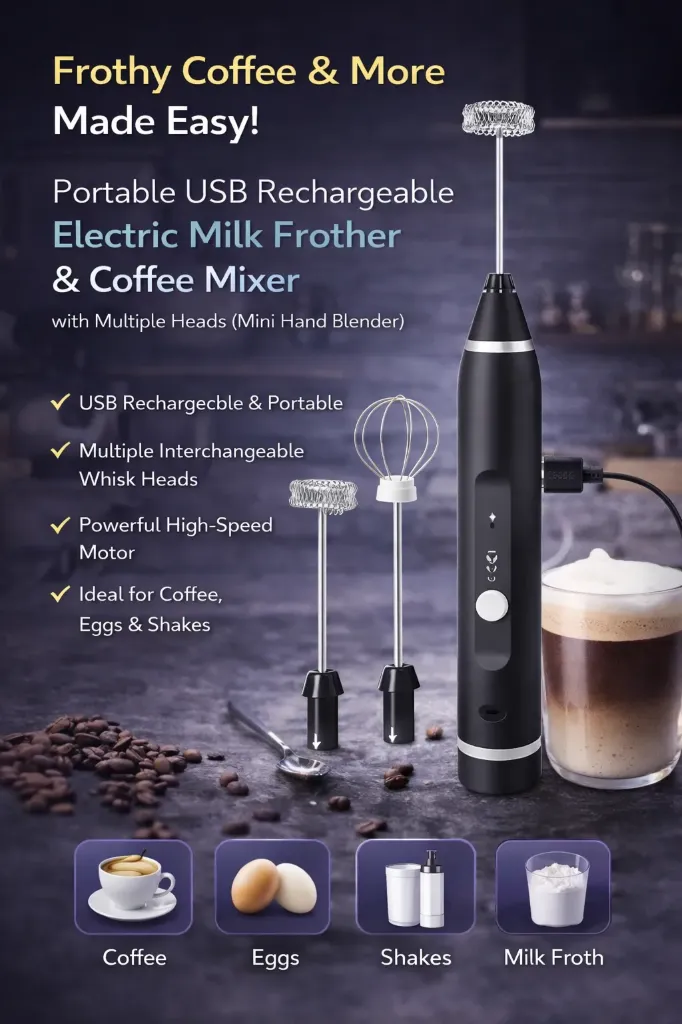 Portable USB Rechargeable Electric Milk Frother & Coffee Mixer with Multiple Heads (Mini Hand Blender)