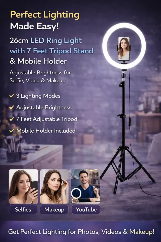 26cm LED Ring Light with 7 Feet Tripod Stand & Mobile Holder (Adjustable Brightness for Selfie, Video & Makeup)