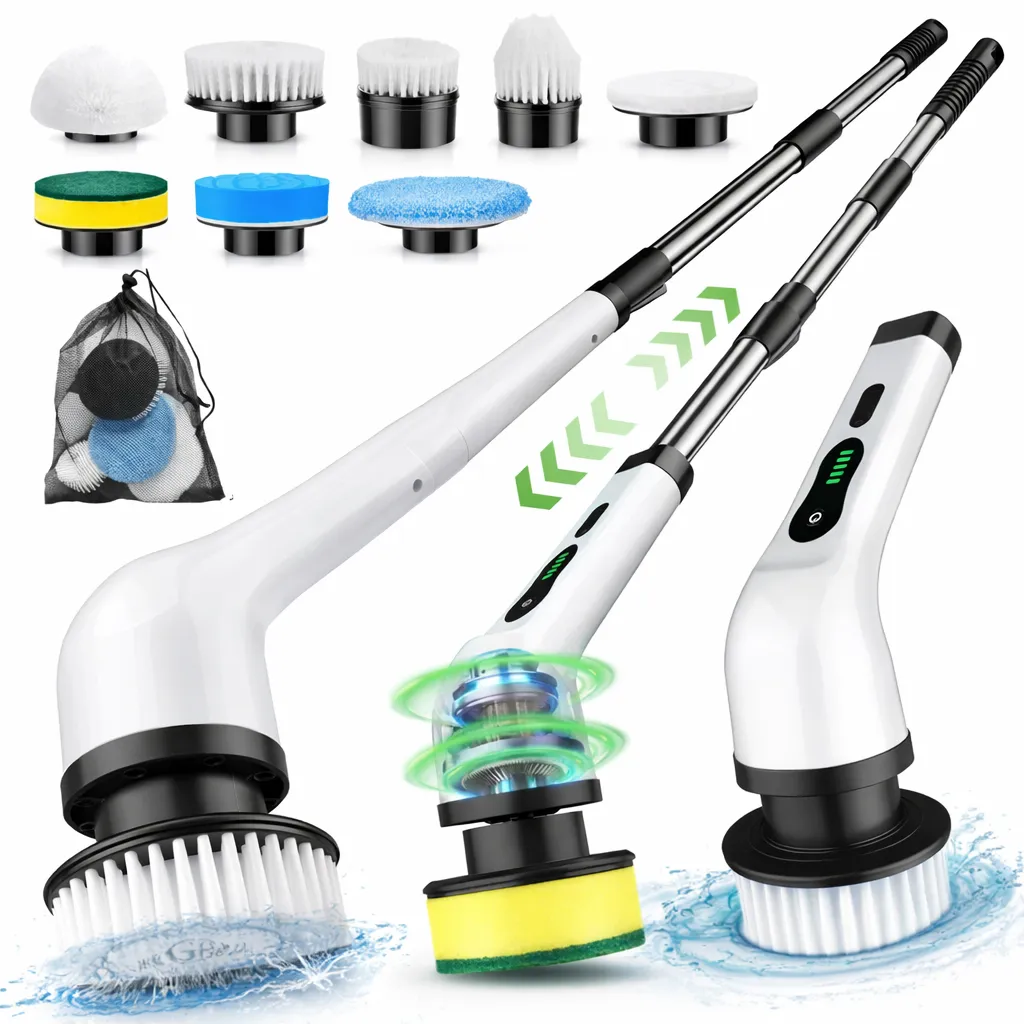 Electric Spin Scrubber with Extendable Handle & Multiple Brush Heads (Cordless Cleaning Brush for Bathroom & Kitchen)