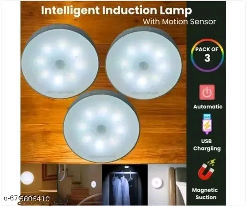 Wireless Motion Sensor LED Night Light (Pack of 3) USB Rechargeable Smart Induction Lights for Home