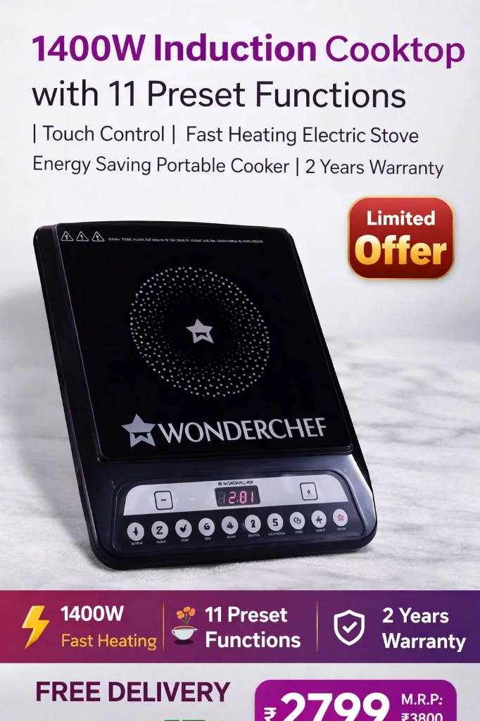 1400W Induction Cooktop with 11 Preset Functions | Touch Control | Fast Heating Electric Stove | Energy Saving Portable Cooker | 2 Years Warranty